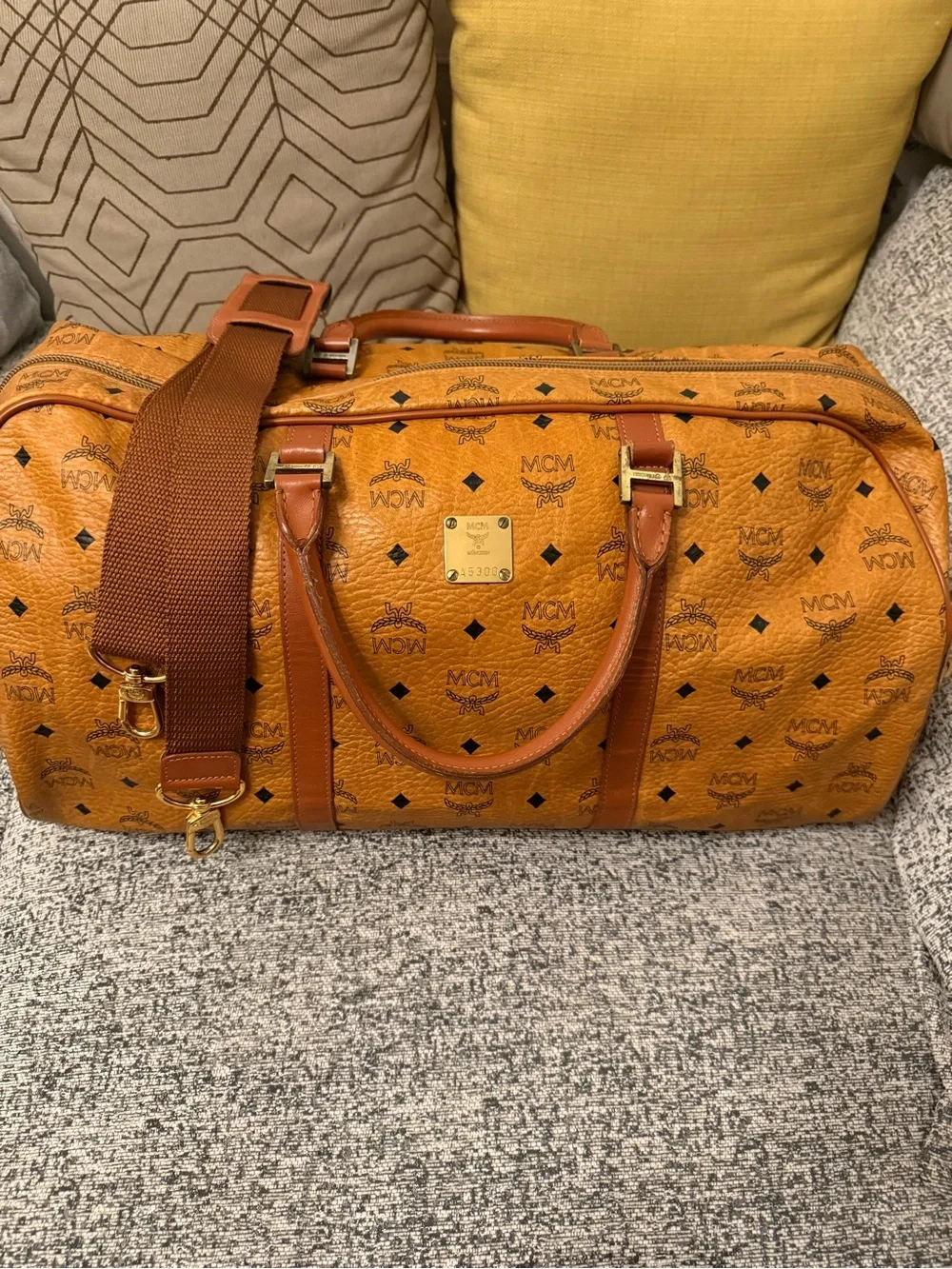 MCM Cognac Visetos Logo Duffel with Brown Leather Trim